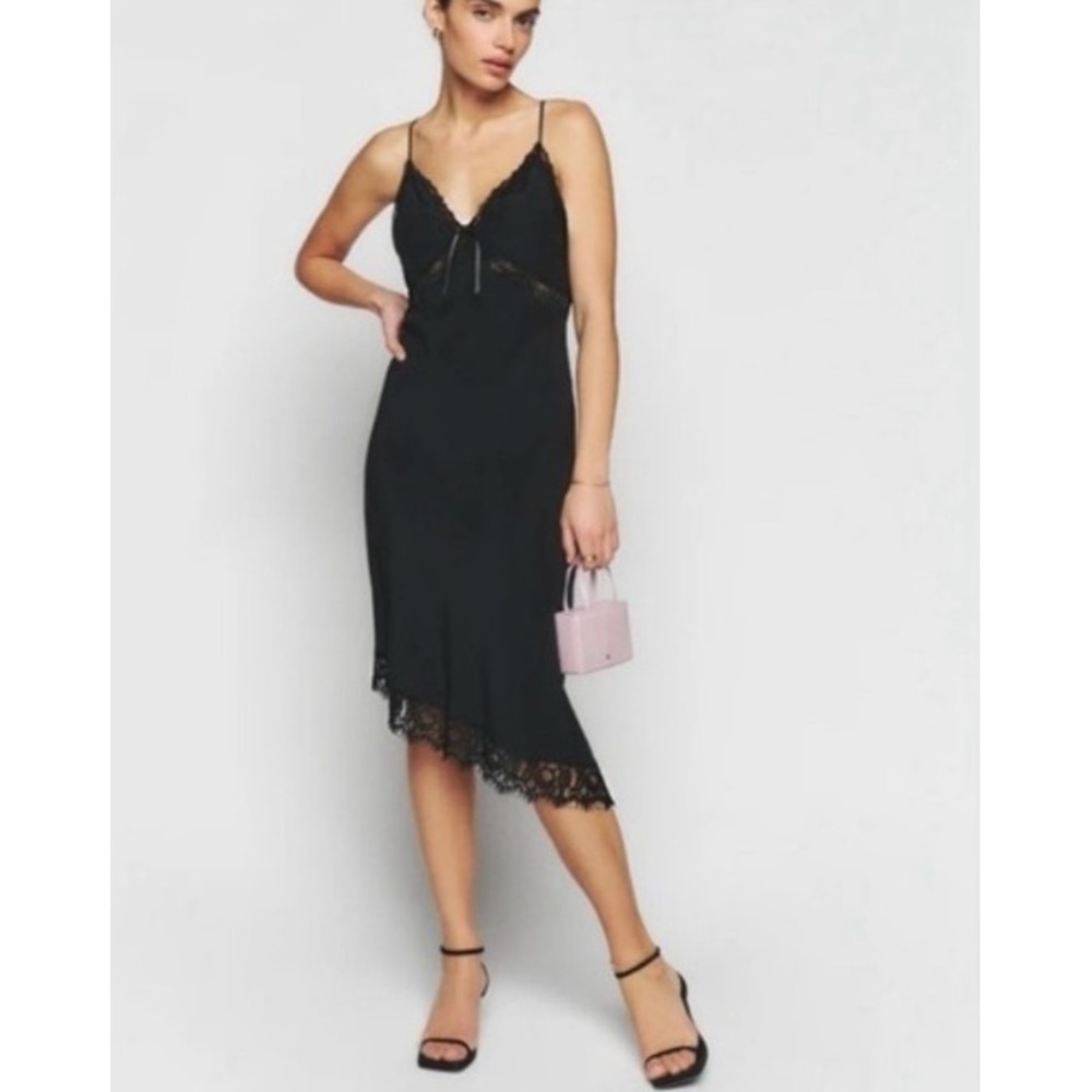 Reformation Dress Size X-Small Black‎ Silk Milania Lingerie Lace Trim